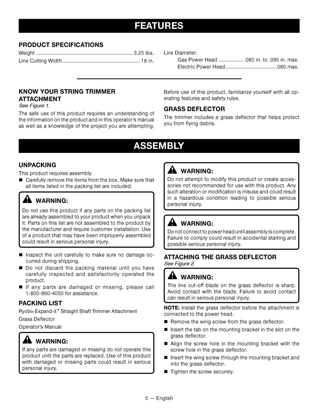 Ryobi RY15523 manuel dutilisation Features, Assembly 