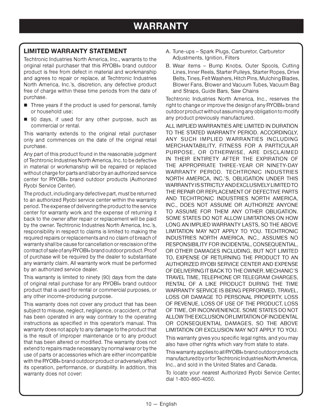 Ryobi RY15523 manuel dutilisation Limited Warranty Statement 