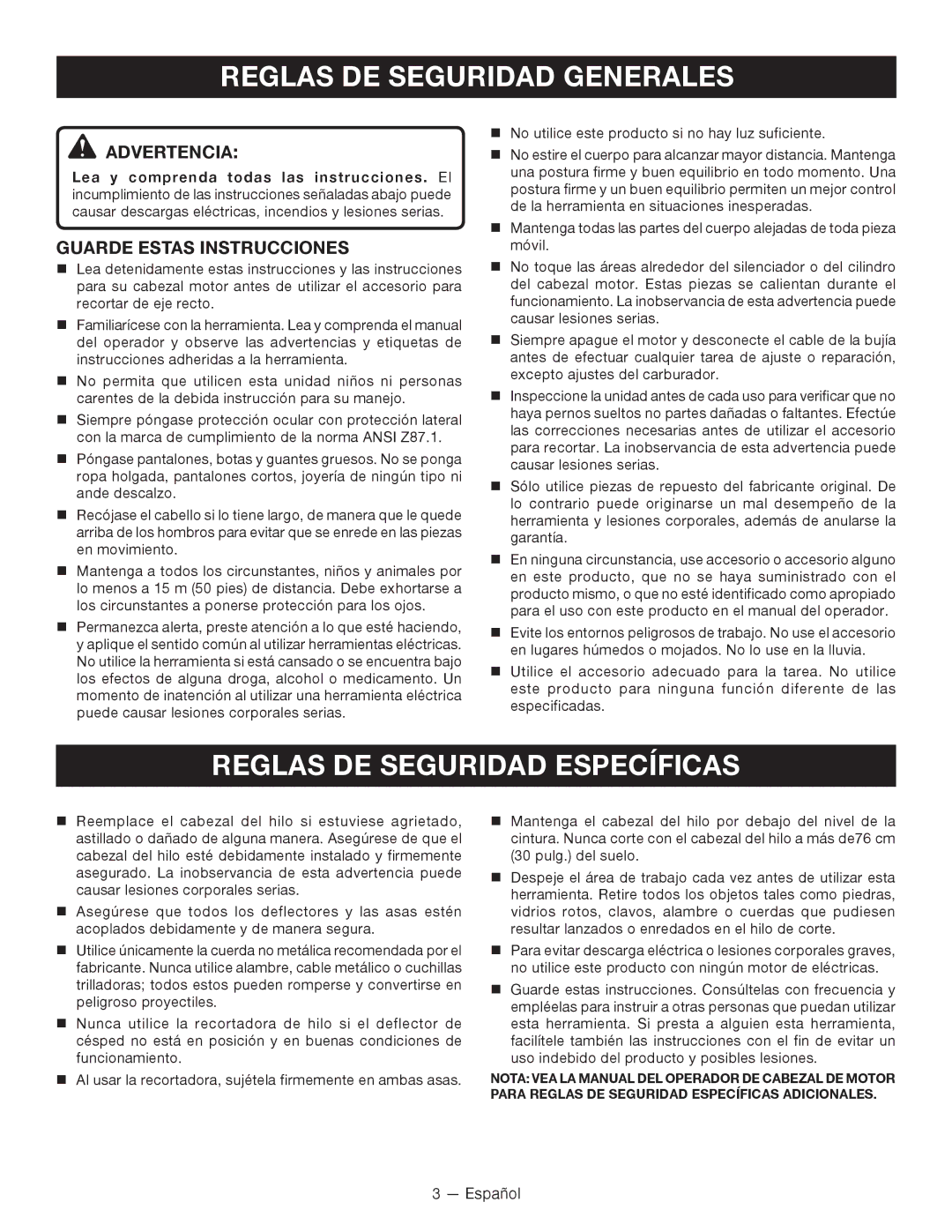 Ryobi RY15523 Reglas DE Seguridad Generales, Reglas DE Seguridad Específicas, Advertencia, Guarde Estas Instrucciones 