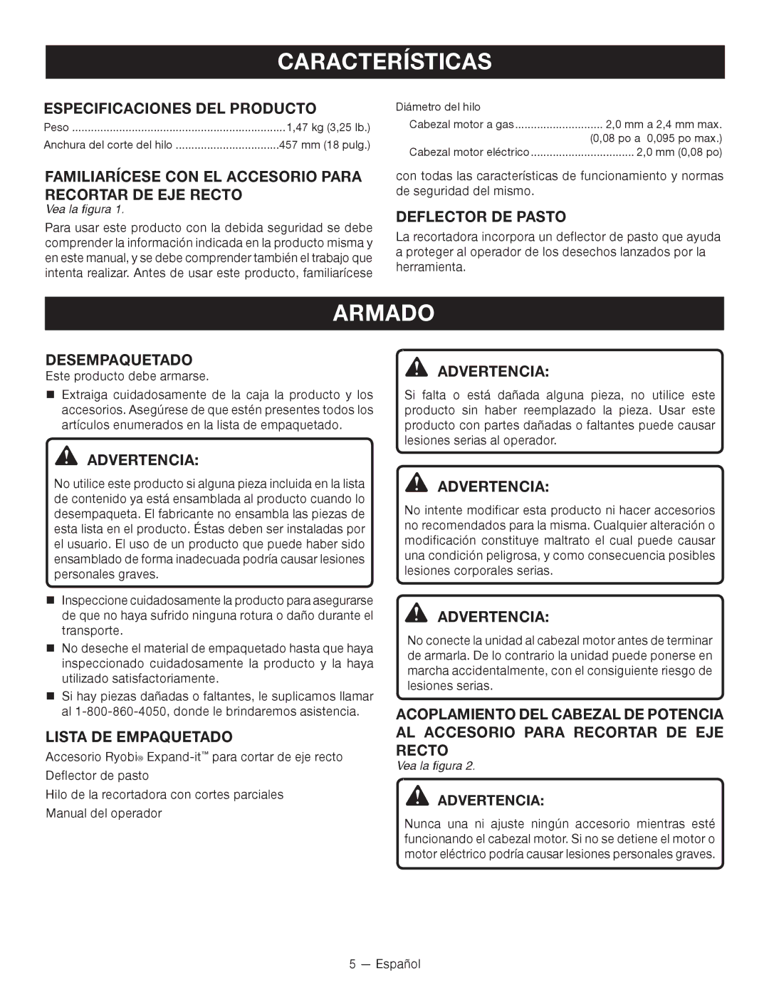 Ryobi RY15523 manuel dutilisation Características, Armado 