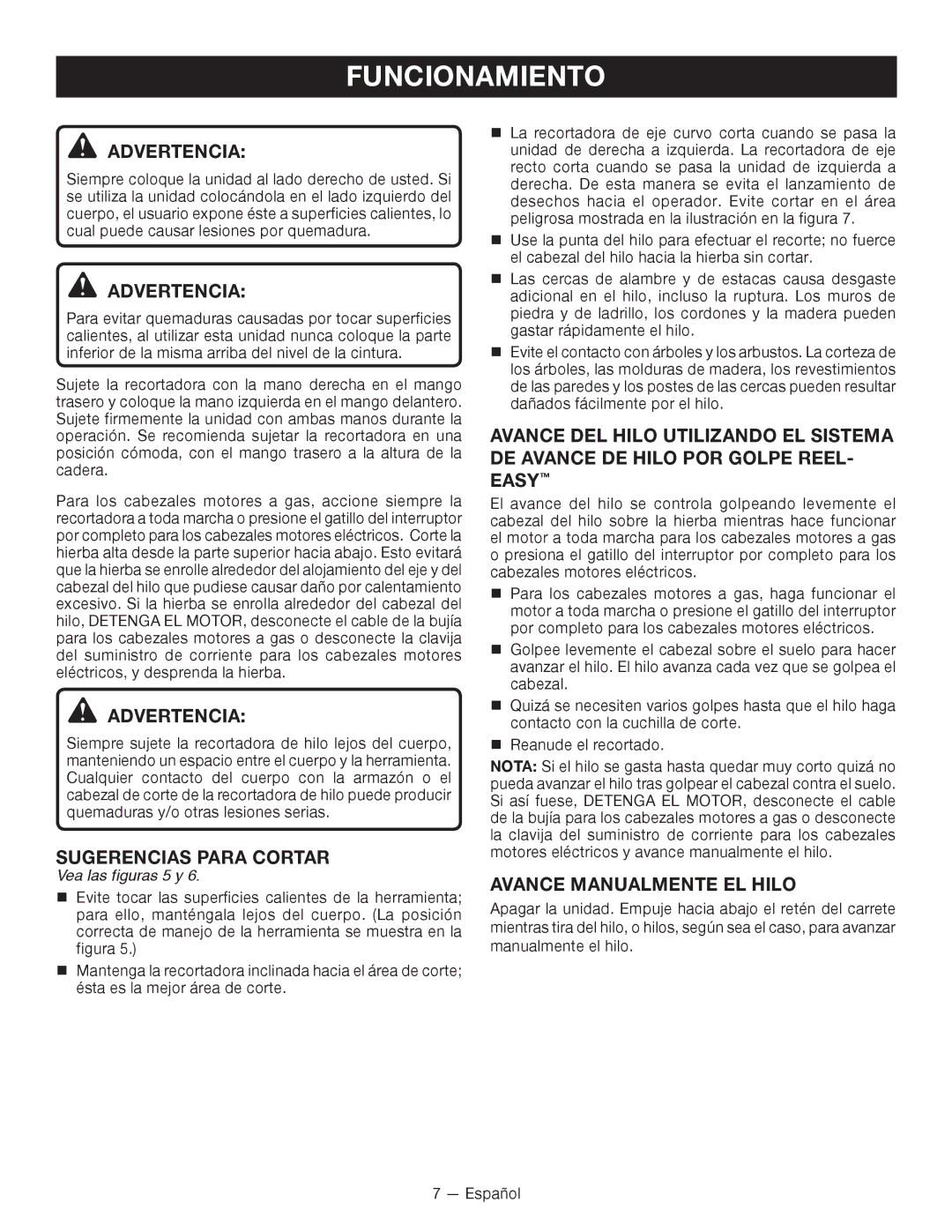 Ryobi RY15523 manuel dutilisation Sugerencias Para Cortar, Avance Manualmente EL Hilo, Vea las figuras 5 y 