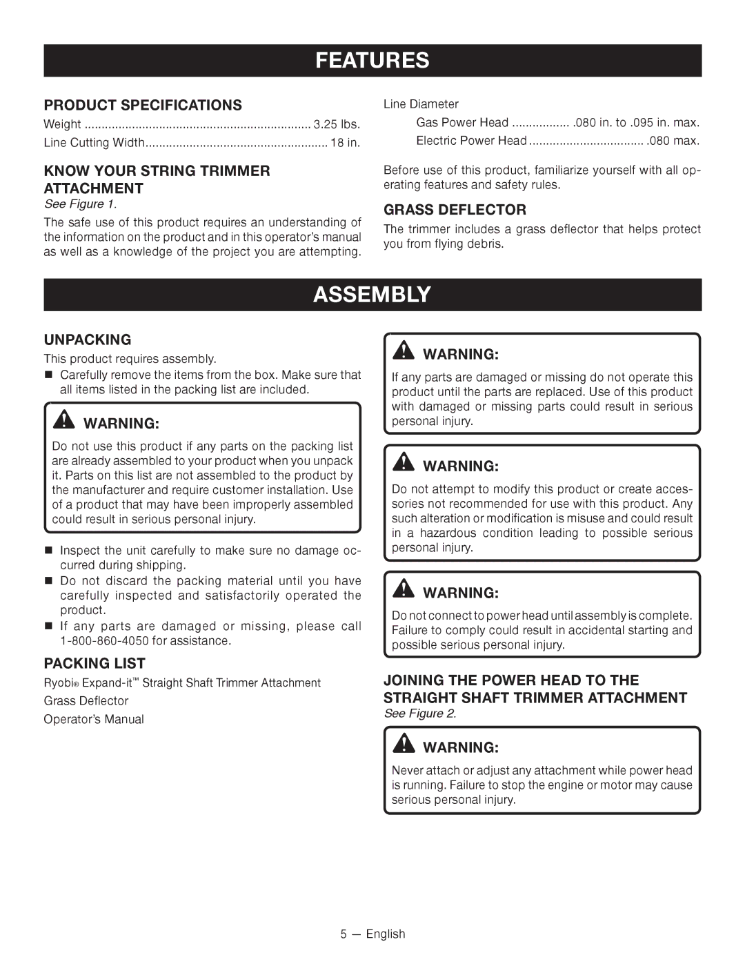 Ryobi RY15523 manuel dutilisation Features, Assembly 