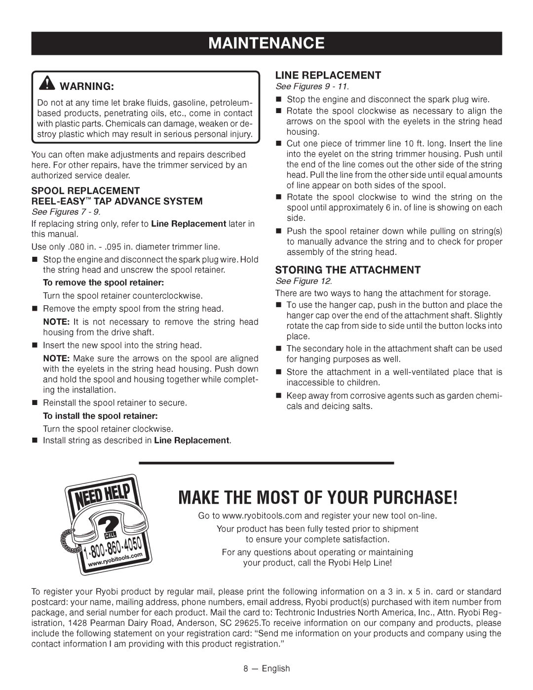Ryobi RY15524 Line Replacement, Storing the Attachment, See Figures 7, To remove the spool retainer, See Figures 9 