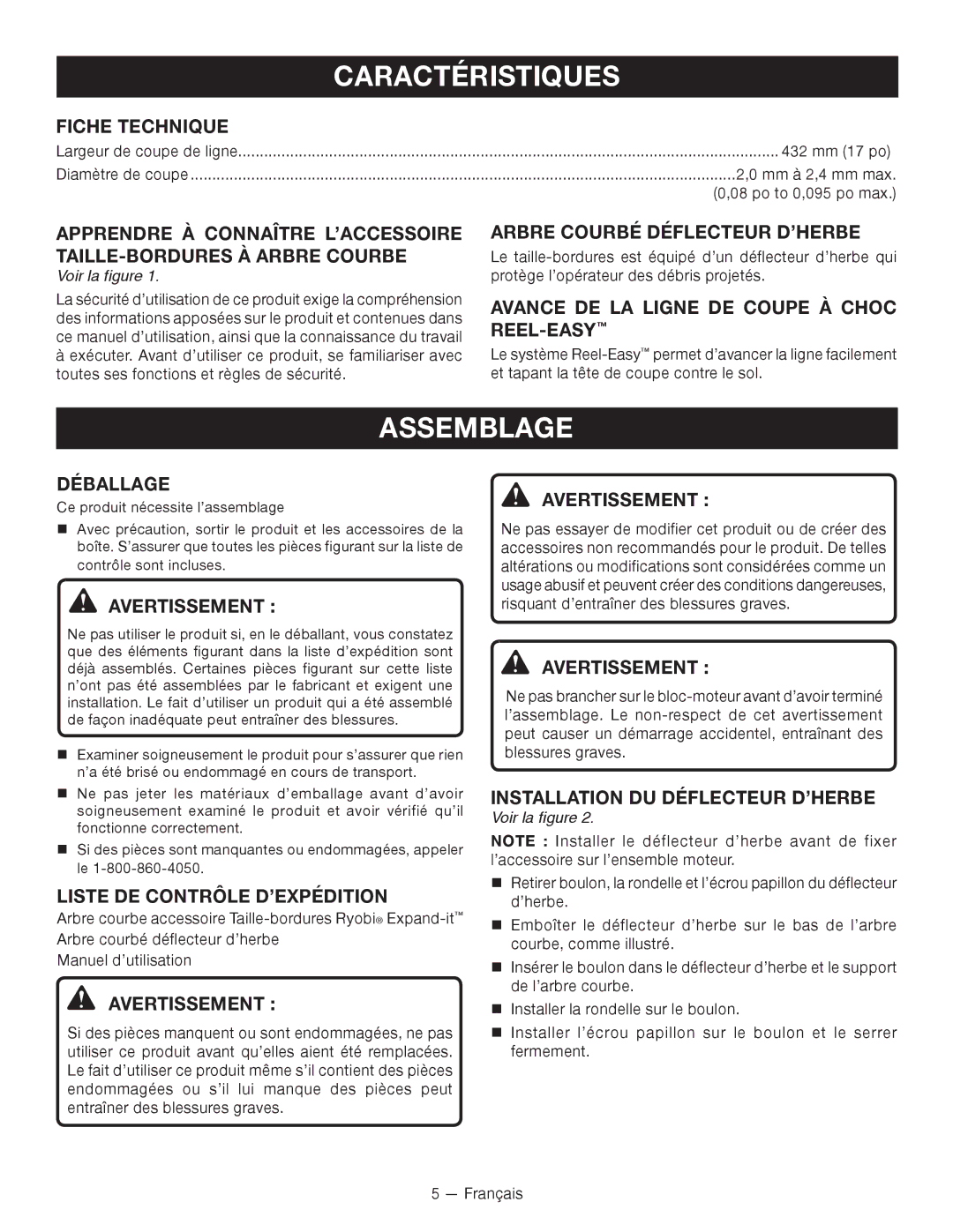 Ryobi RY15524 manuel dutilisation Caractéristiques, Assemblage 