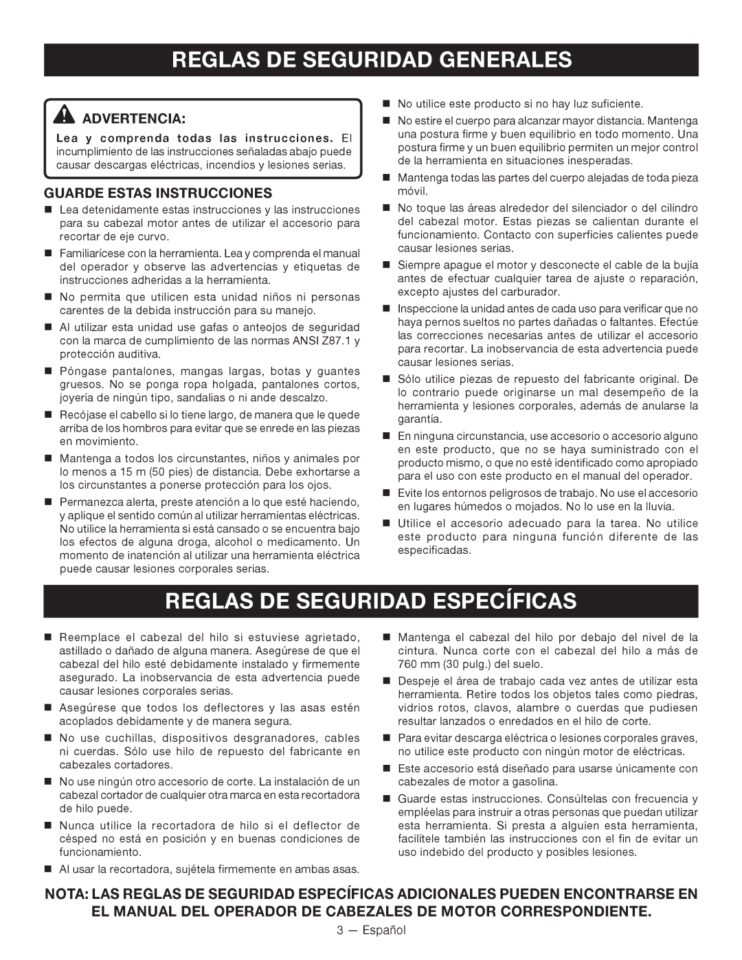 Ryobi RY15524 Reglas DE Seguridad Generales, Reglas DE Seguridad Específicas, Advertencia, Guarde Estas Instrucciones 