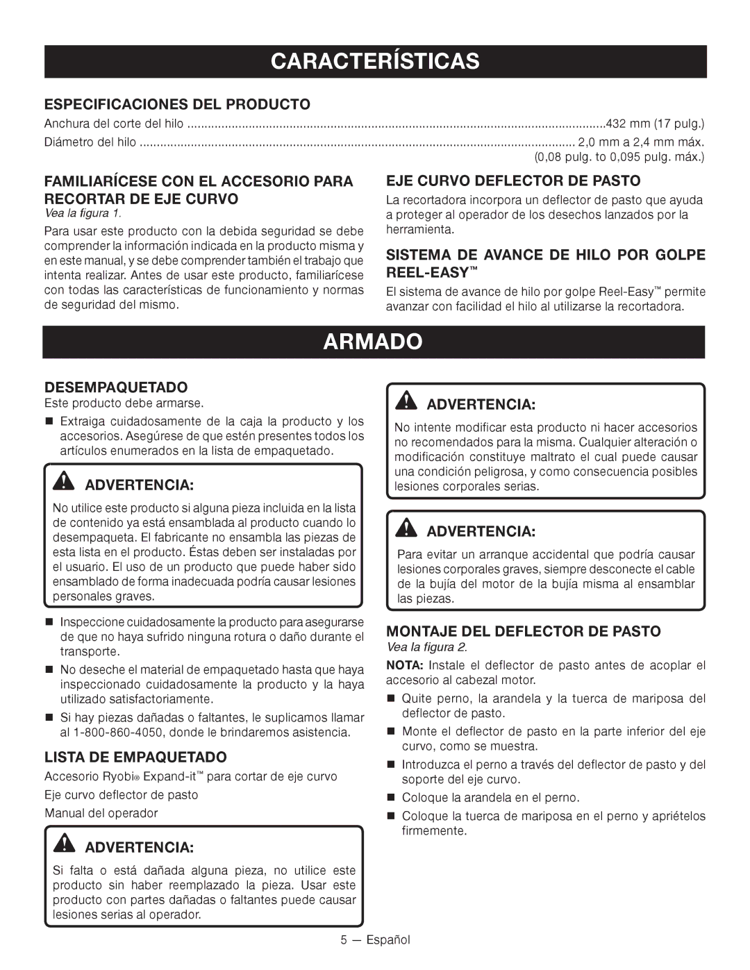 Ryobi RY15524 manuel dutilisation Características, Armado 