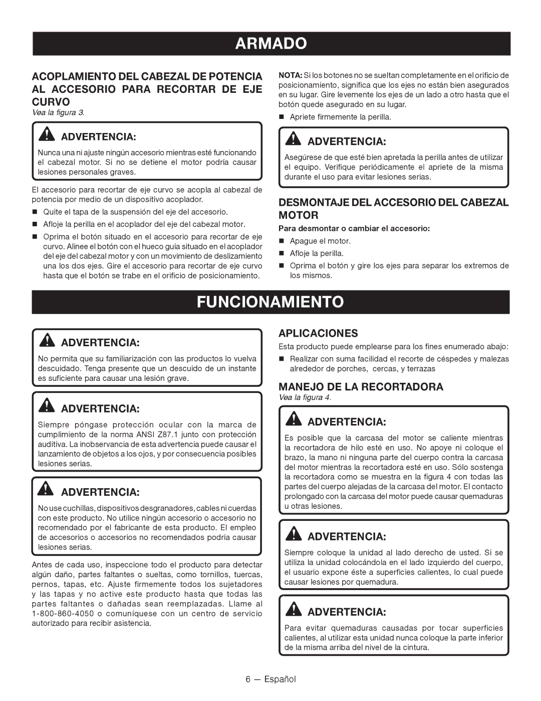 Ryobi RY15524 Funcionamiento, Desmontaje del Accesorio del cabezal motor, Aplicaciones, Manejo DE LA Recortadora 