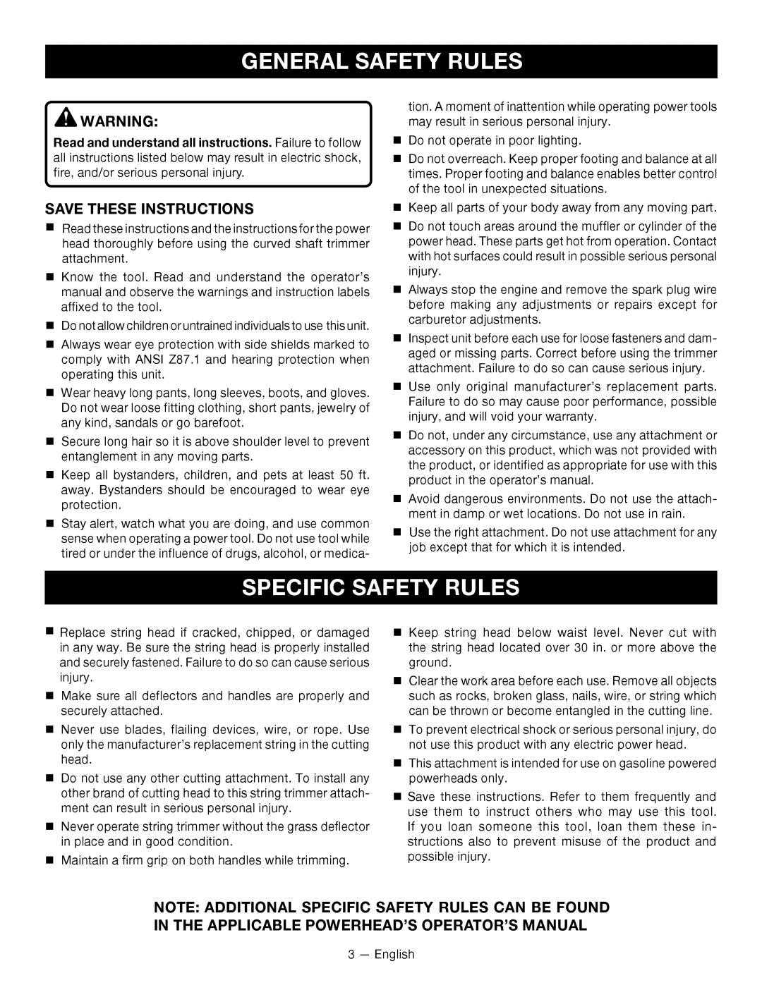 Ryobi RY15524 manuel dutilisation General Safety Rules, Specific Safety Rules 