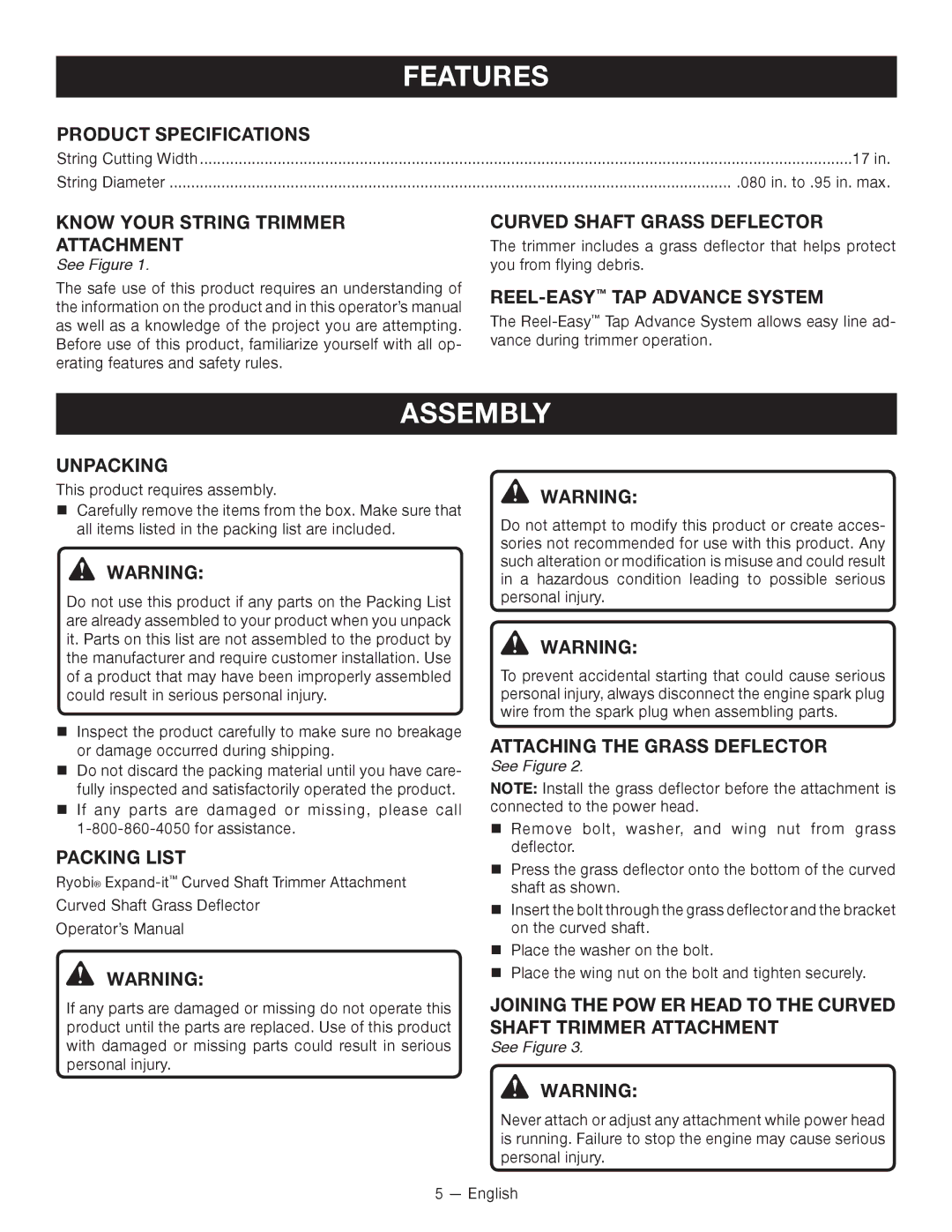 Ryobi RY15524 manuel dutilisation Features, Assembly 