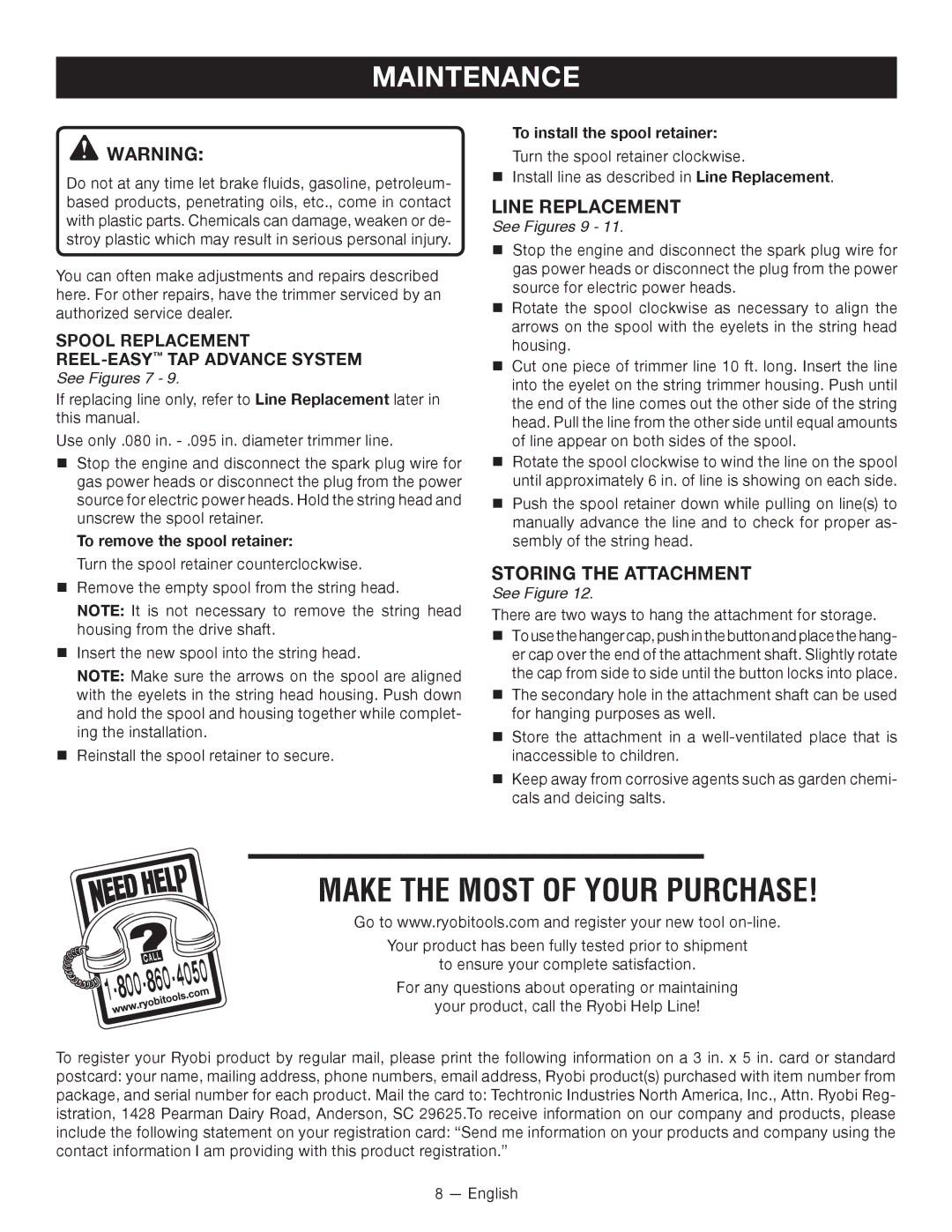 Ryobi RY15525 Line Replacement, Storing the Attachment, Spool Replacement REEL-EASYTAP ­ADVANCE System, See Figures 7 