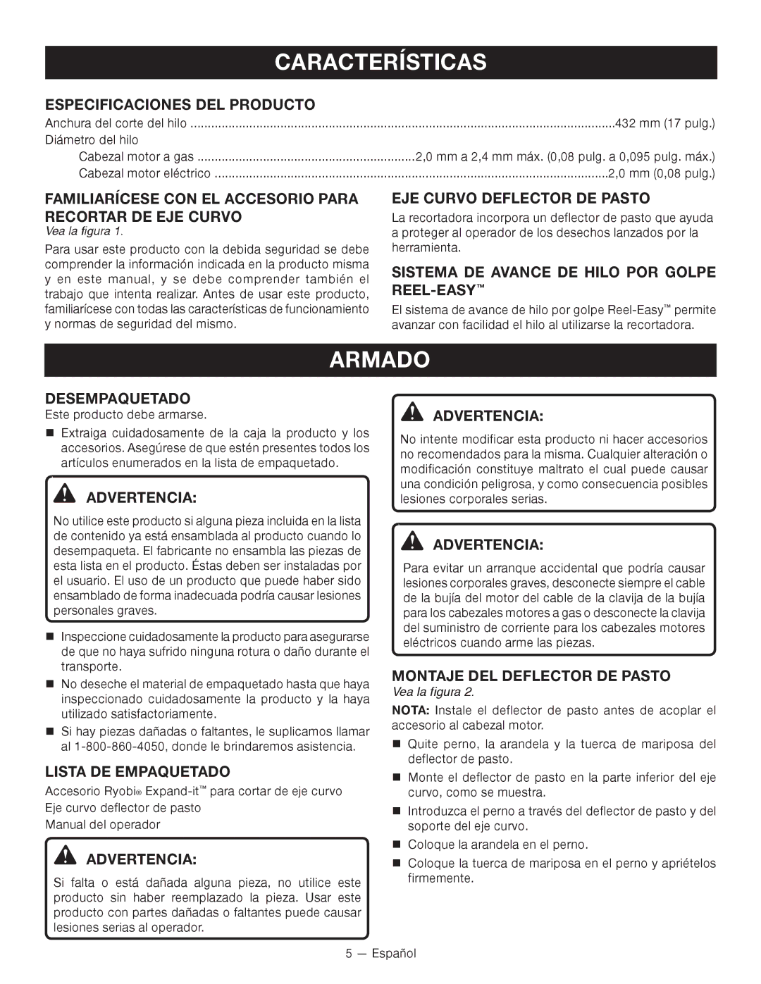 Ryobi RY15525 manuel dutilisation Características, Armado 