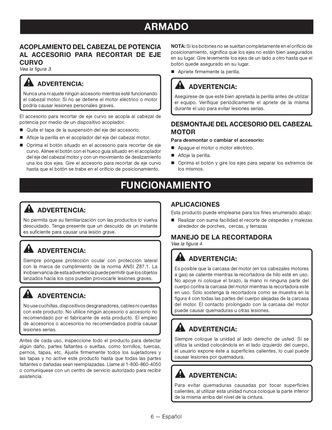 Ryobi RY15525 Funcionamiento, Desmontaje DEL Accesorio DEL Cabezal Motor, Aplicaciones, Manejo DE LA Recortadora 