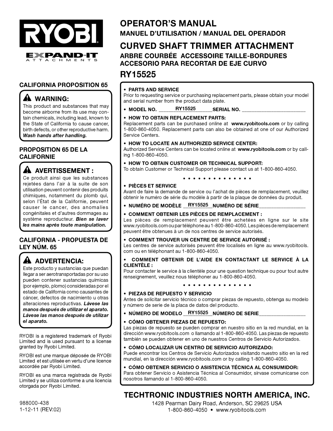 Ryobi RY15525 Manuel D’UTILISATION / Manual DEL Operador, California Proposition, Proposition 65 DE LA Californie 