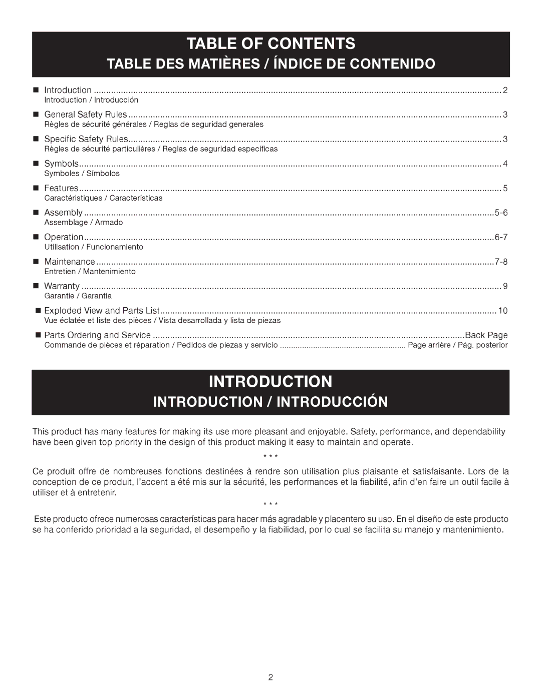 Ryobi RY15525 manuel dutilisation Table of Contents, Introduction 