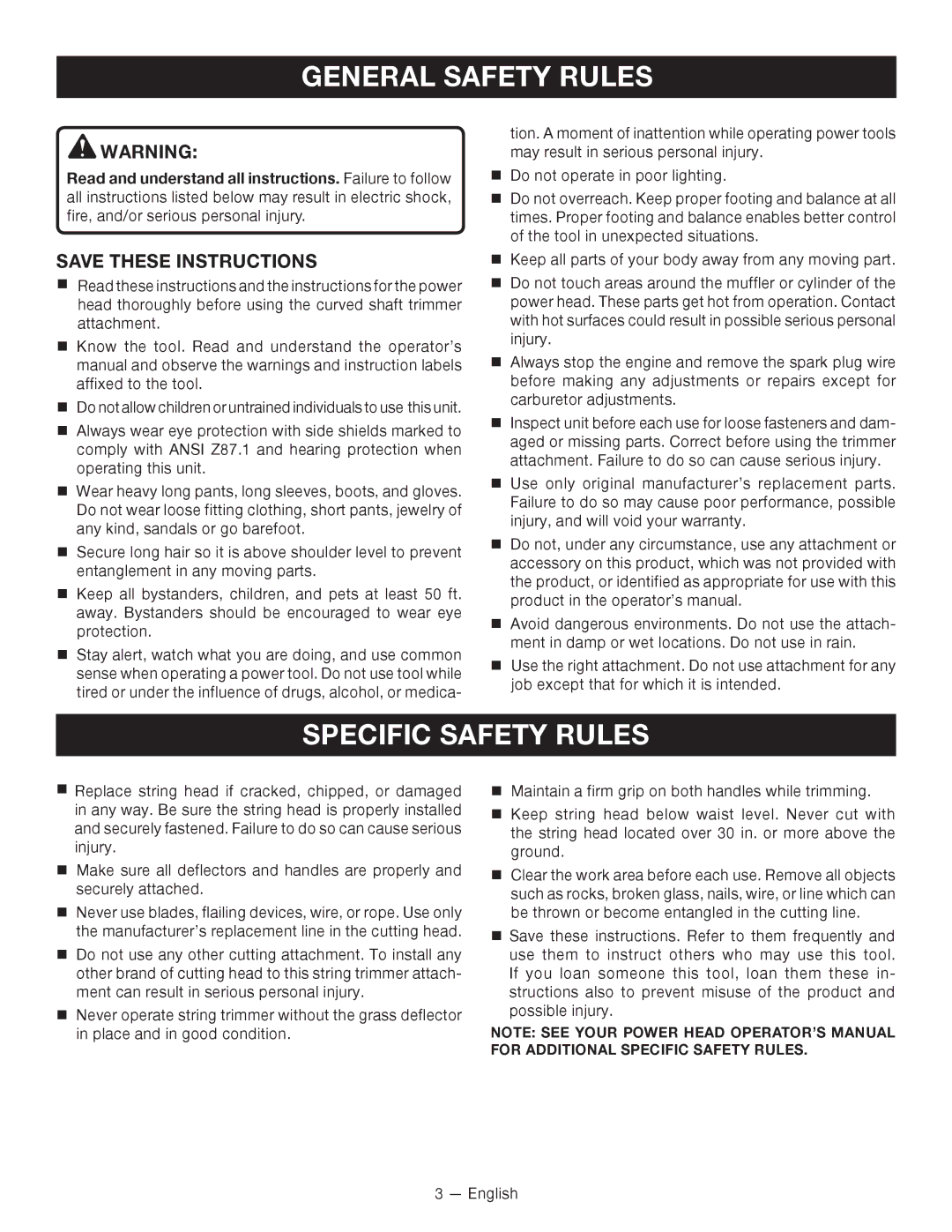 Ryobi RY15525 manuel dutilisation General Safety Rules, Specific Safety Rules 