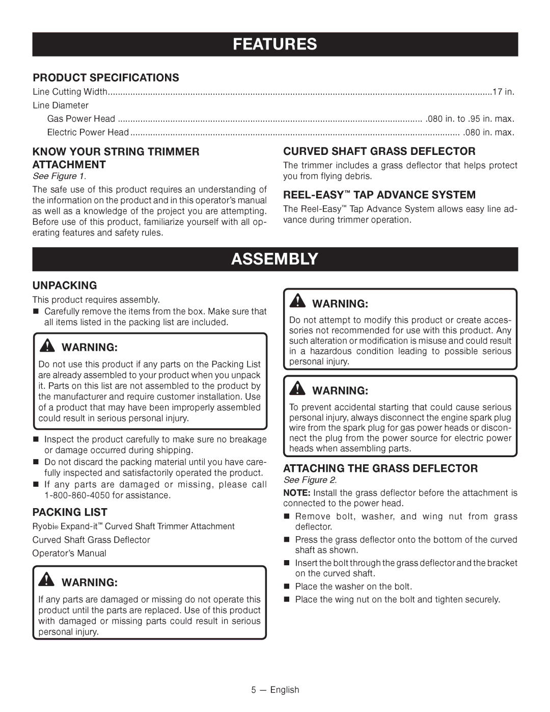 Ryobi RY15525 manuel dutilisation Features, Assembly 