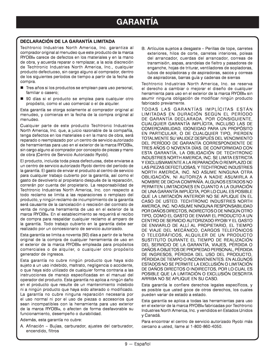 Ryobi RY15525 manuel dutilisation Declaración De La Garantía Limitada 