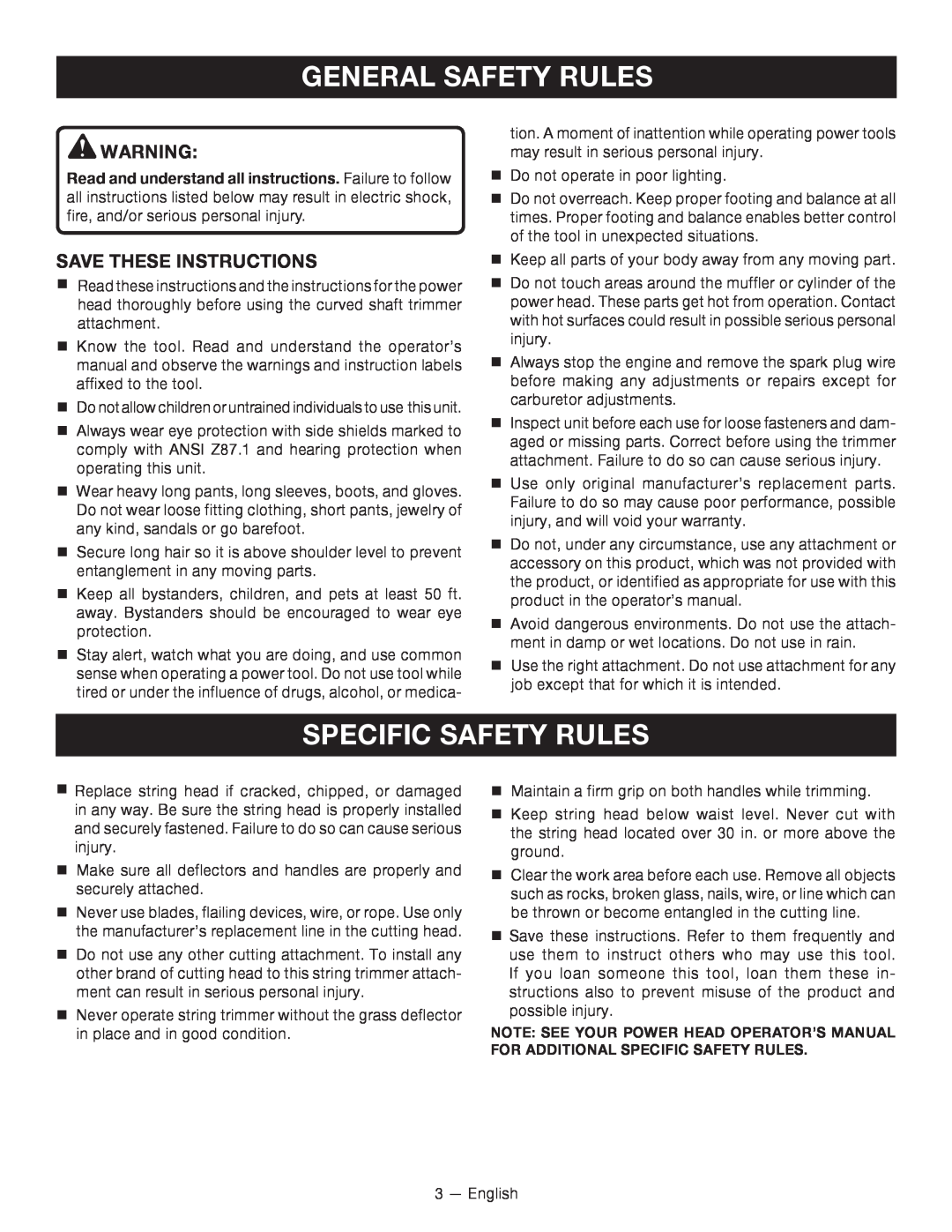 Ryobi RY15525 manuel dutilisation General Safety Rules, Specific Safety Rules, Save These Instructions 