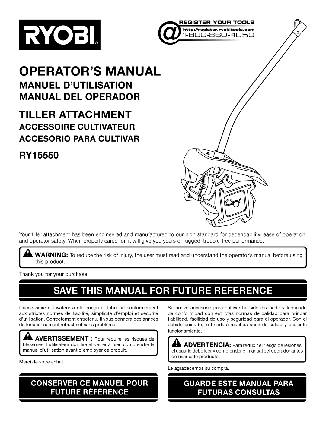 Ryobi RY15550 manuel dutilisation OPERATOR’S Manual, Save this Manual for Future Reference 