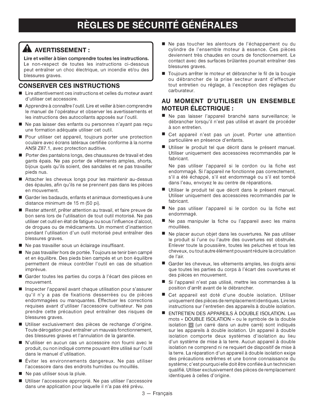 Ryobi RY15550 manuel dutilisation Règles DE Sécurité Générales, Avertissement , Conserver CES Instructions 