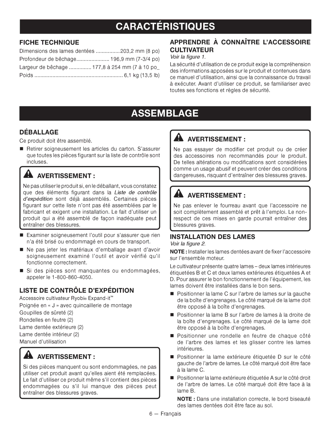 Ryobi RY15550 manuel dutilisation Caractéristiques, Assemblage 