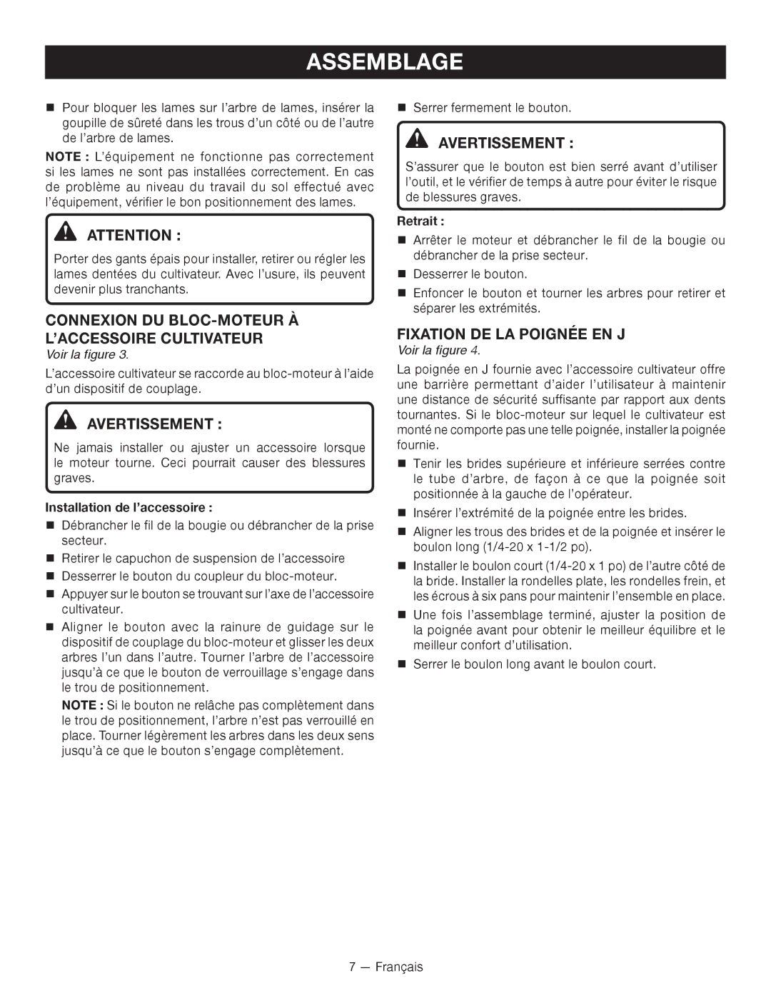 Ryobi RY15550 Connexion DU BLOC-MOTEUR À L’ACCESSOIRE Cultivateur, Avertissement, Fixation DE LA Poignée EN J 