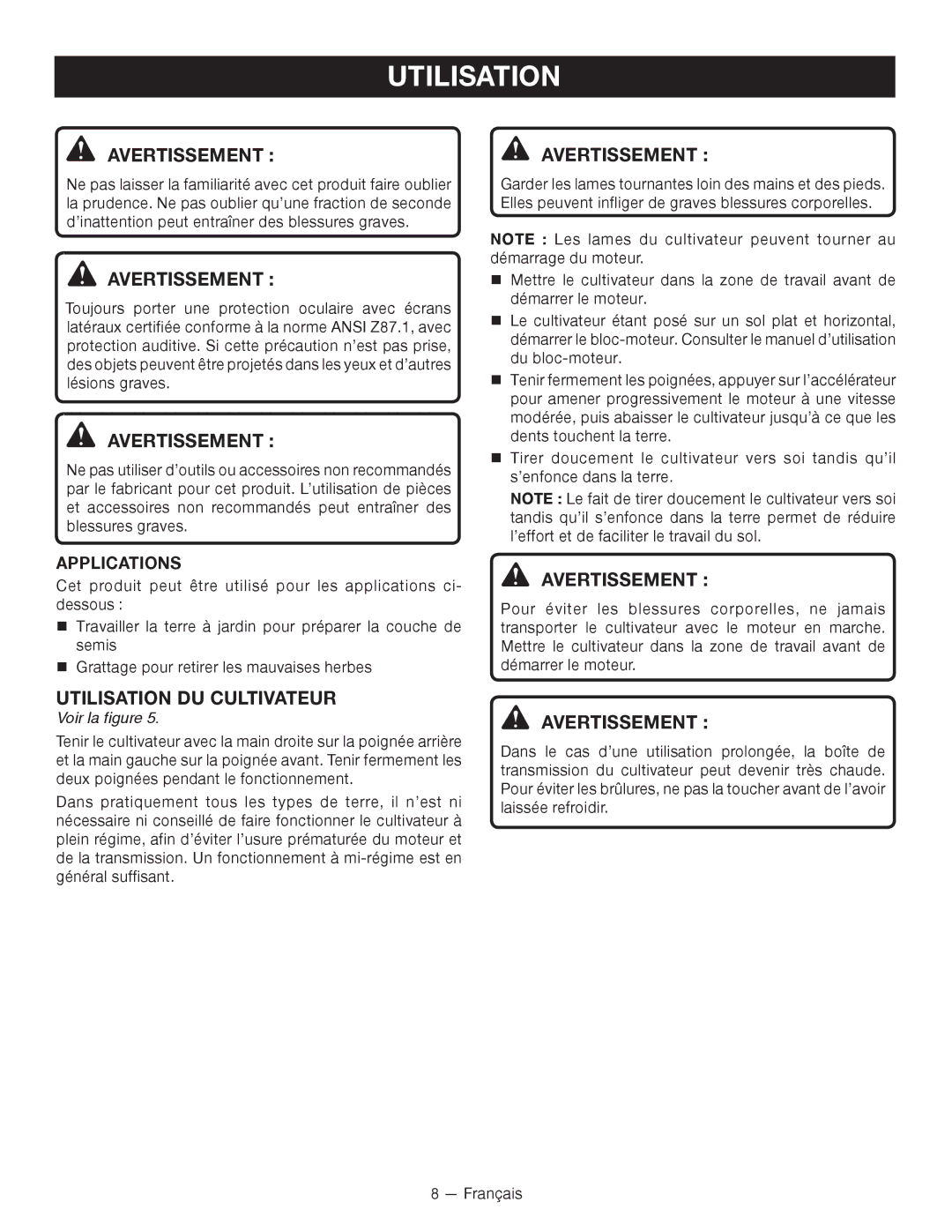 Ryobi RY15550 manuel dutilisation Utilisation DU Cultivateur, Applications 