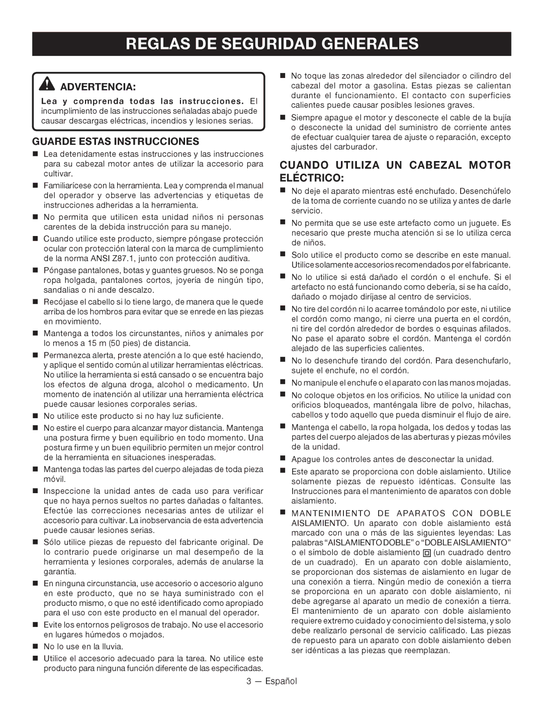 Ryobi RY15550 manuel dutilisation Reglas DE Seguridad Generales, Cuando Utiliza UN Cabezal Motor Eléctrico, Advertencia 