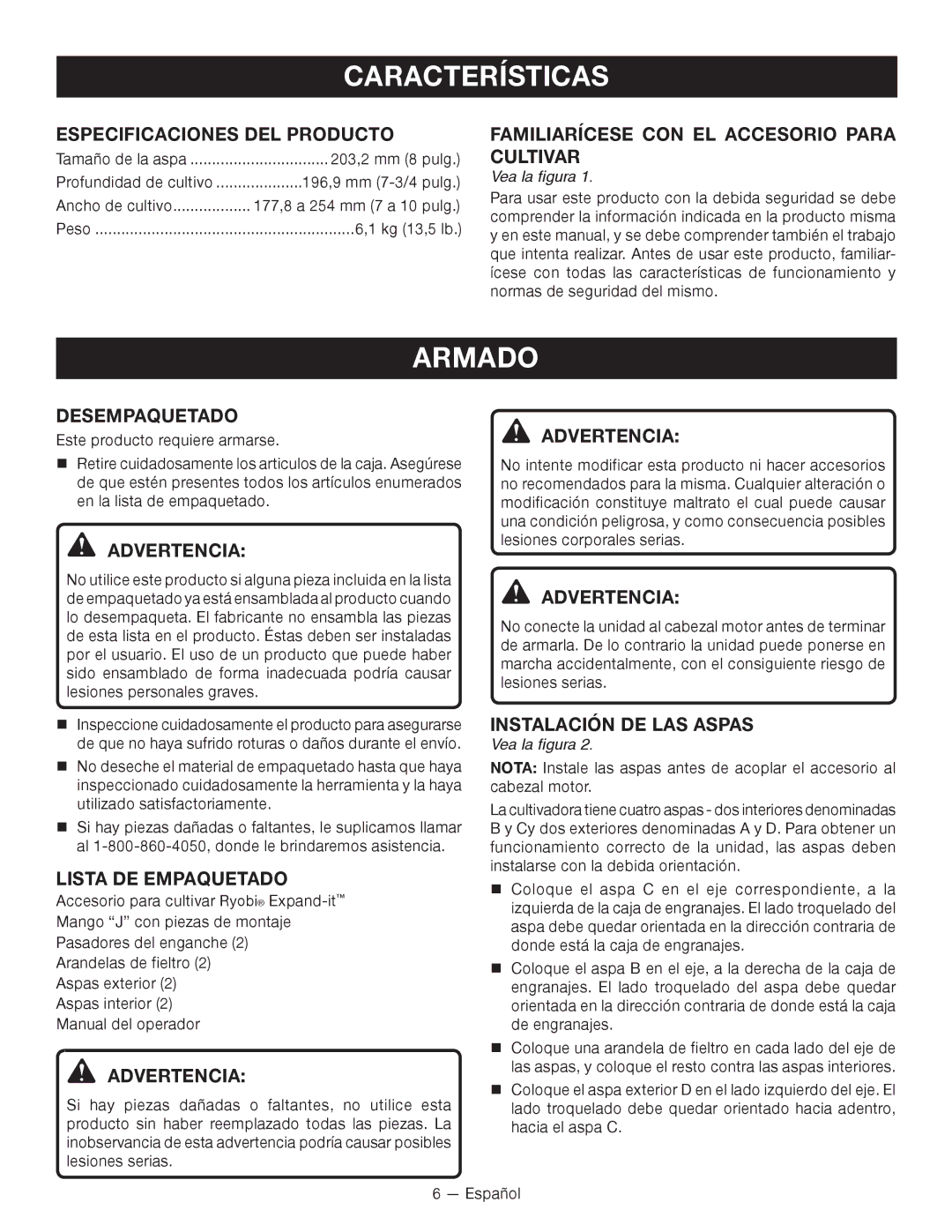 Ryobi RY15550 manuel dutilisation Características, Armado 