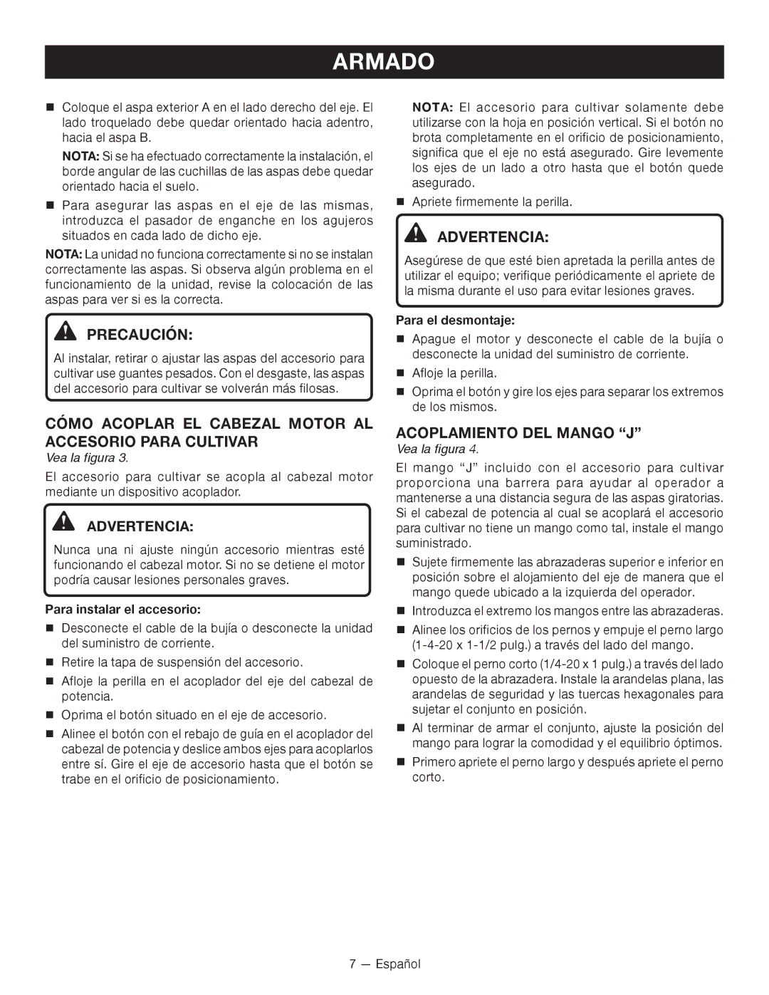 Ryobi RY15550 manuel dutilisation Cómo Acoplar EL Cabezal Motor AL Accesorio Para Cultivar, Acoplamiento DEL Mango J 