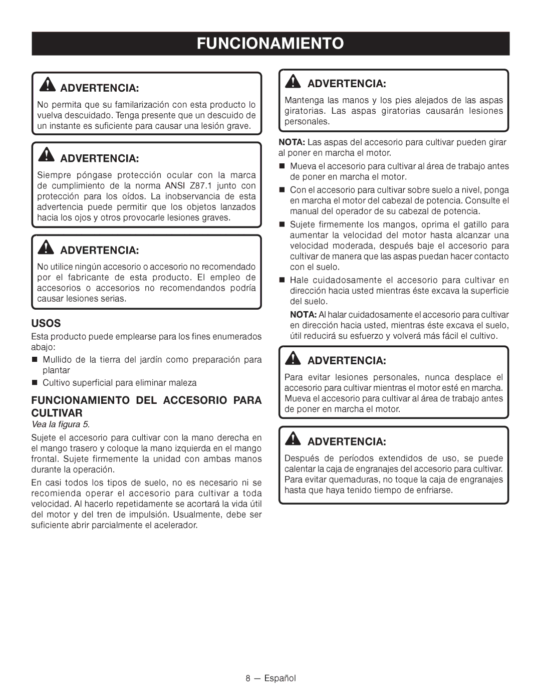 Ryobi RY15550 manuel dutilisation Usos, Funcionamiento DEL Accesorio Para Cultivar 