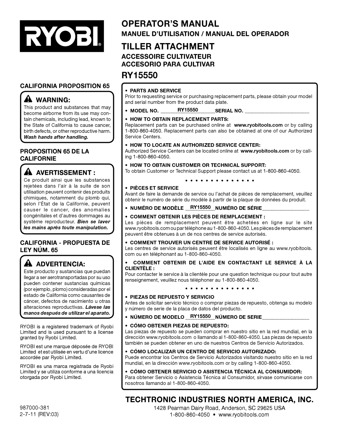 Ryobi RY15550 Manuel D’UTILISATION / Manual DEL Operador, Accessoire Cultivateur Accesorio Para Cultivar 