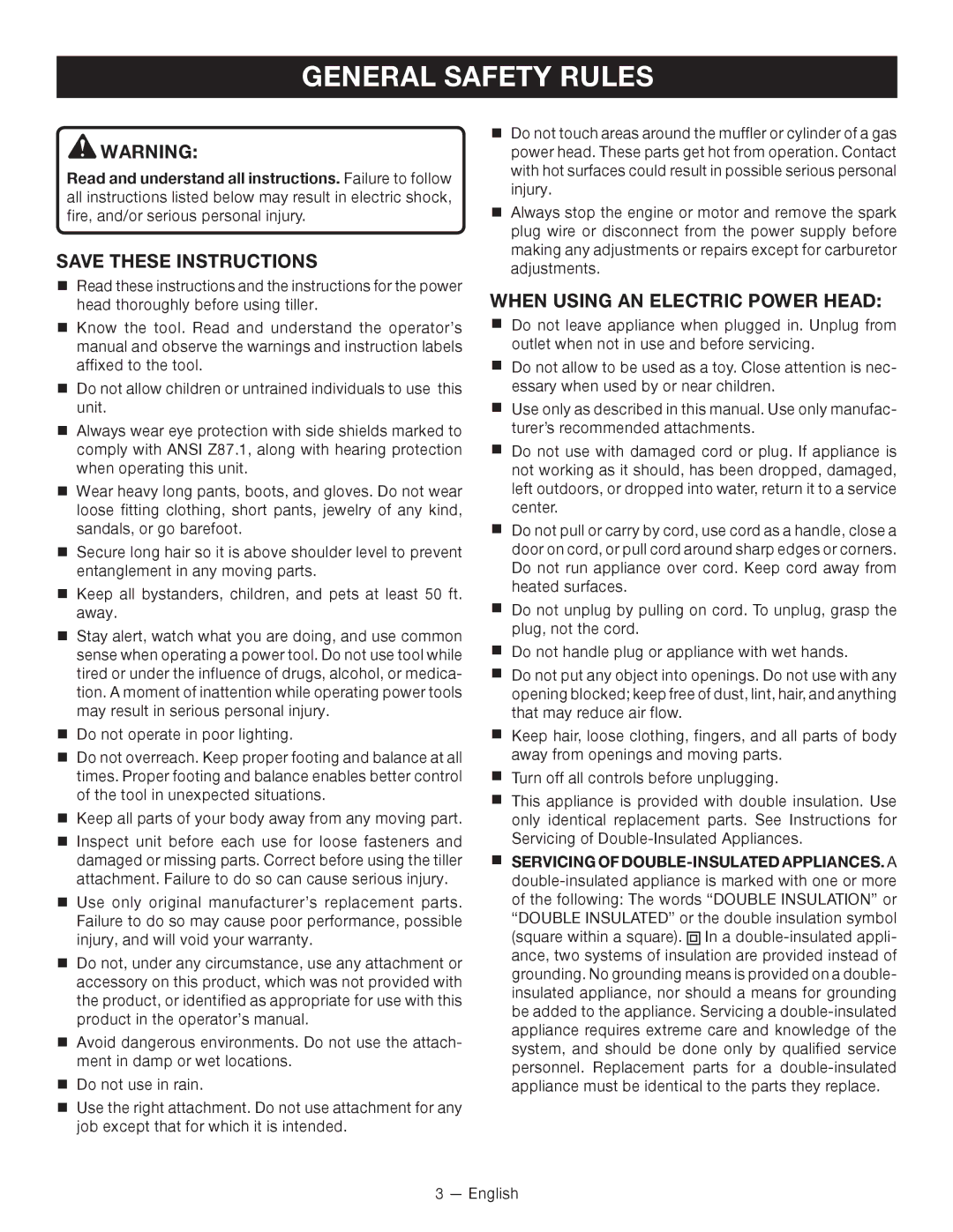 Ryobi RY15550 manuel dutilisation General Safety Rules, When Using AN Electric Power Head 