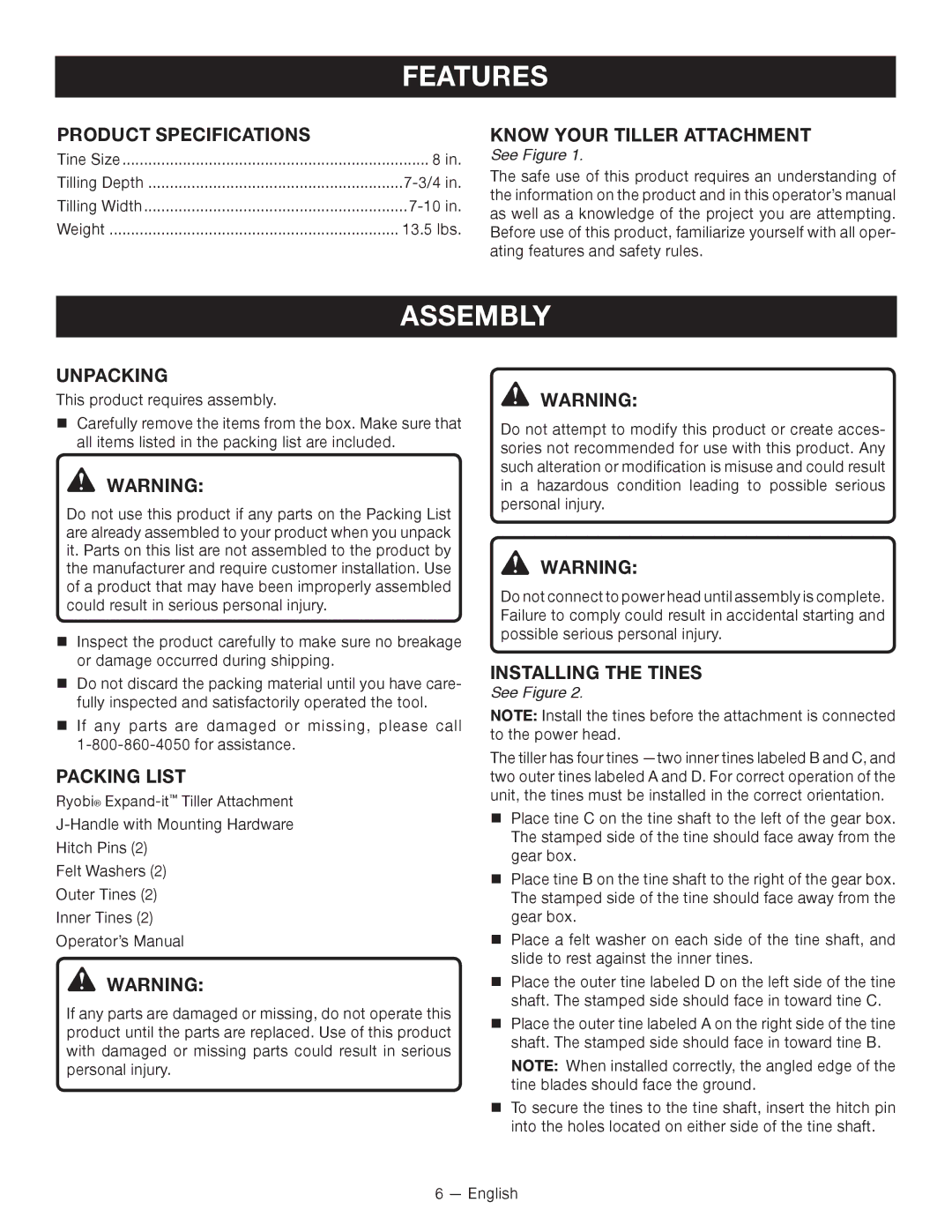 Ryobi RY15550 manuel dutilisation Features, Assembly 