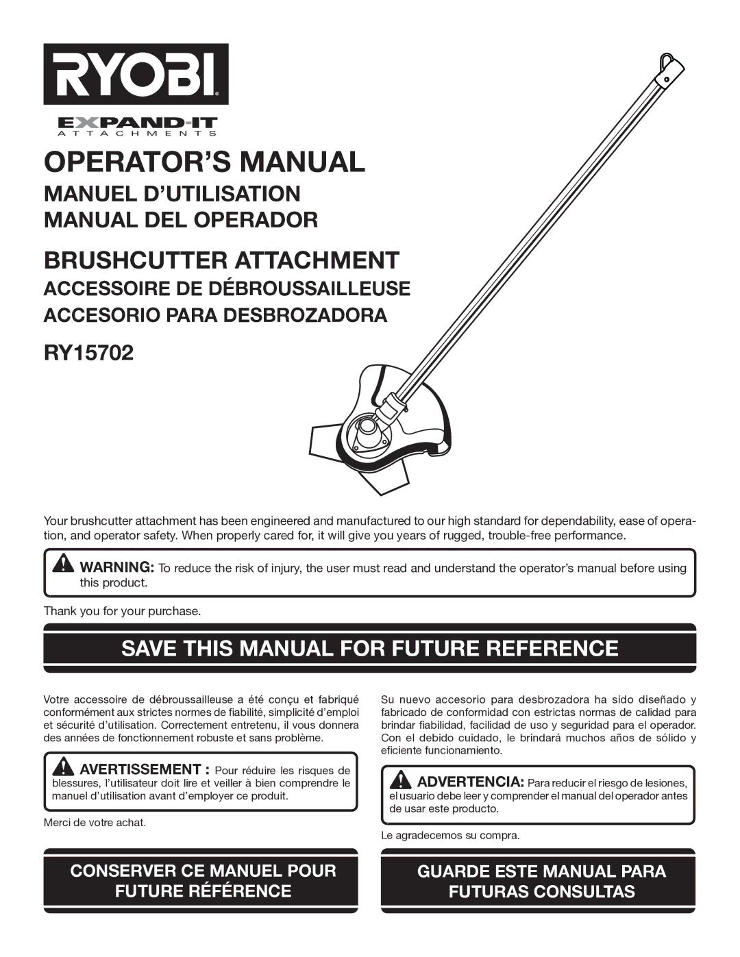 Ryobi RY15702 manuel dutilisation OPERATOR’S Manual, Save this Manual for Future Reference 