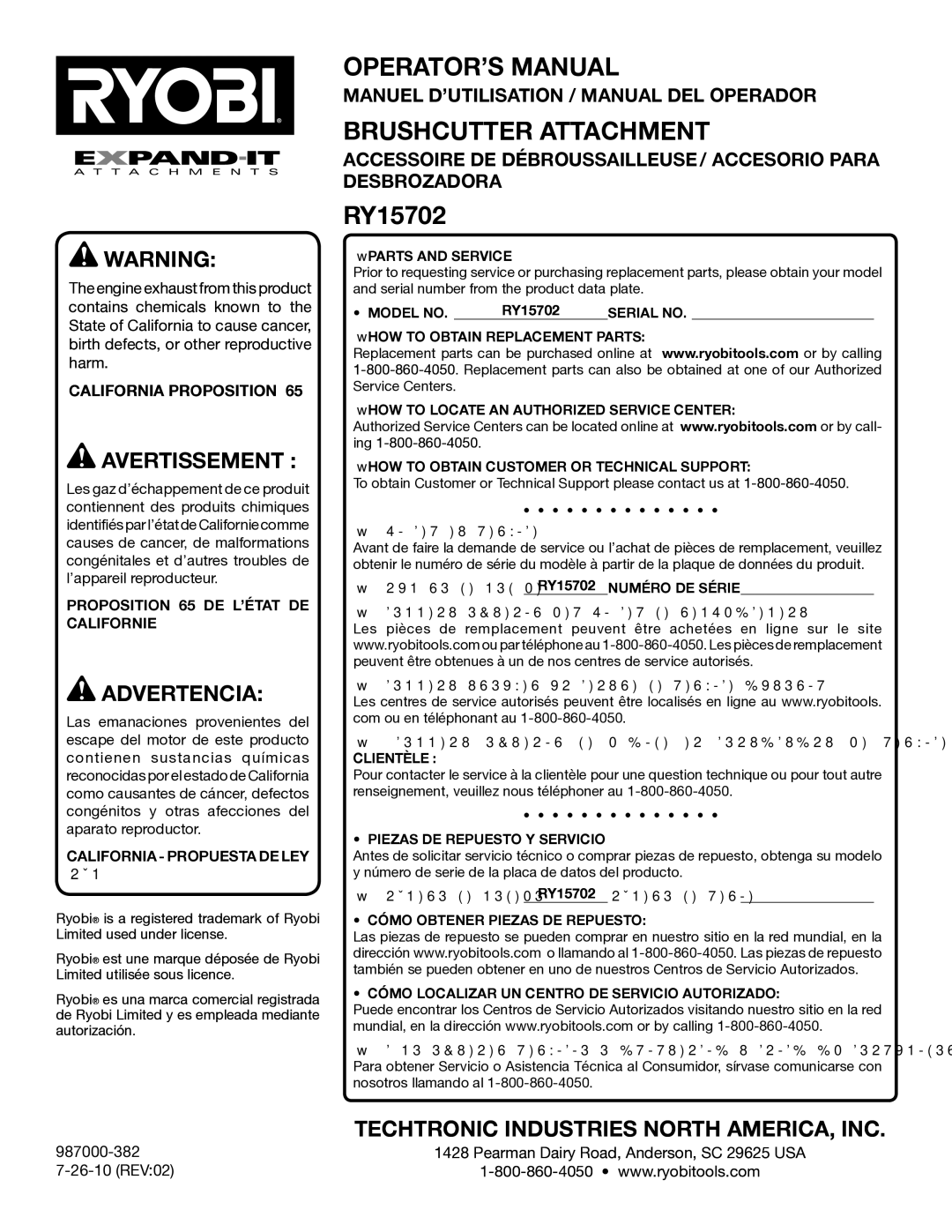 Ryobi RY15702 Manuel D’UTILISATION / Manual DEL Operador, Accessoire DE DÉBROUSSAILLEUSE / Accesorio Para Desbrozadora 