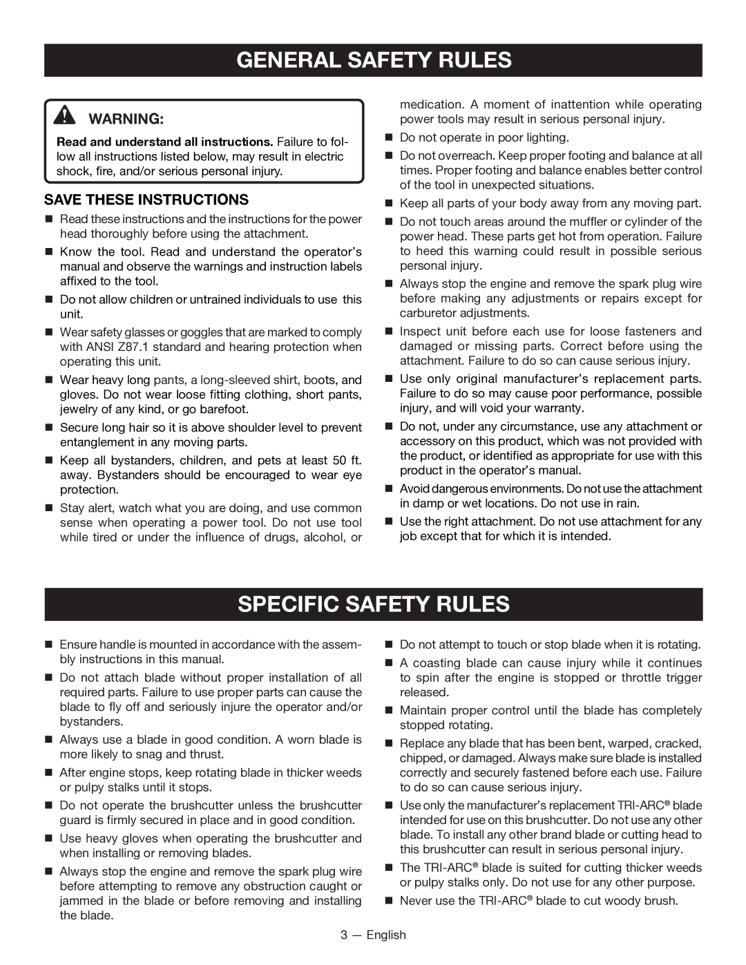 Ryobi RY15702 manuel dutilisation General Safety Rules, Specific Safety Rules 