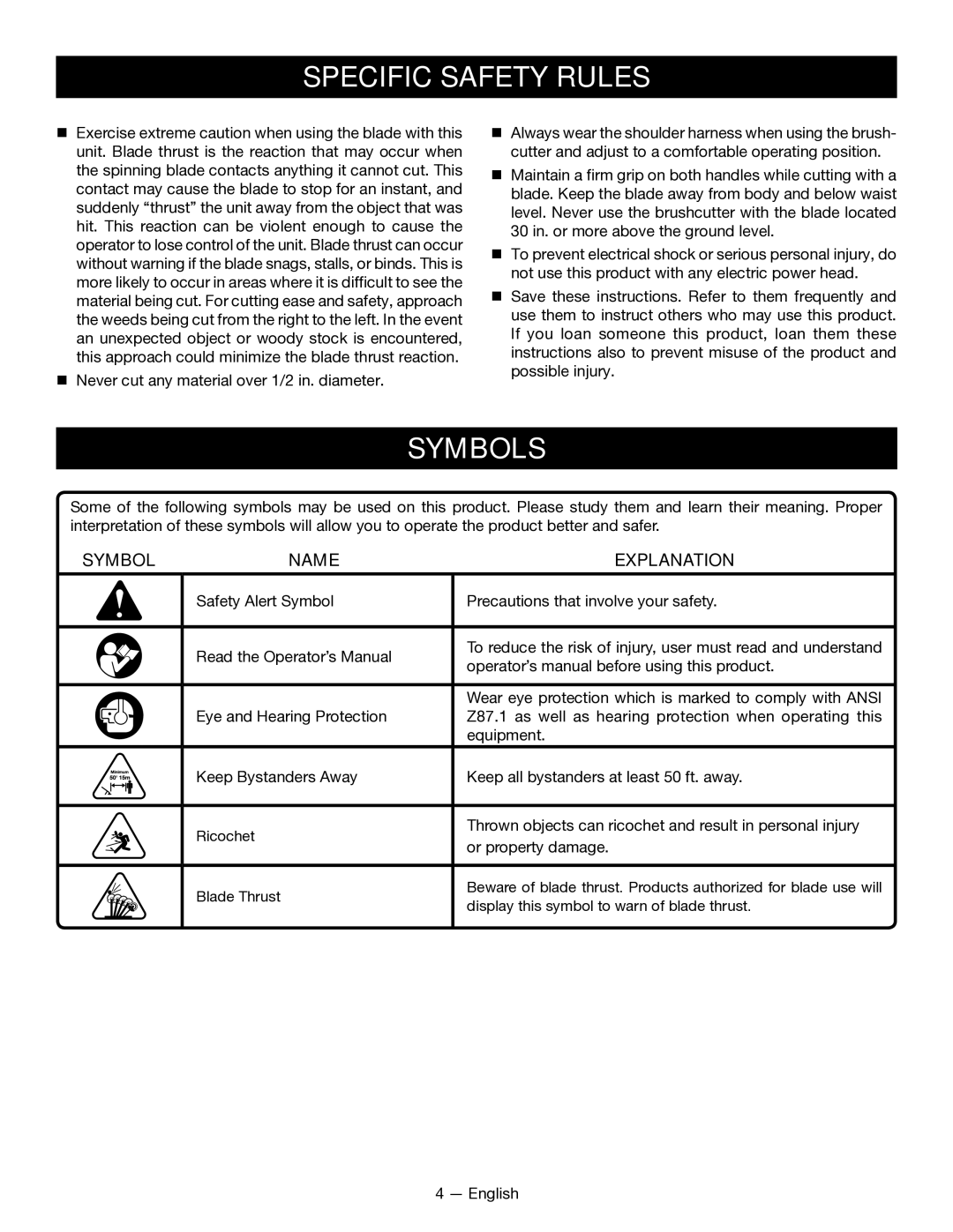 Ryobi RY15702 manuel dutilisation Symbols, Symbol Name Explanation 