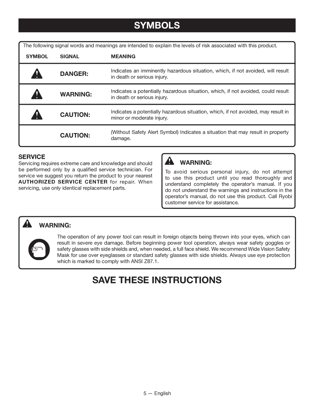 Ryobi RY15702 manuel dutilisation Service, Symbol Signal Meaning 