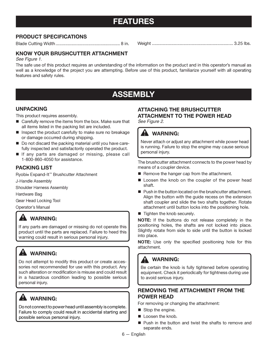 Ryobi RY15702 manuel dutilisation Features, Assembly 