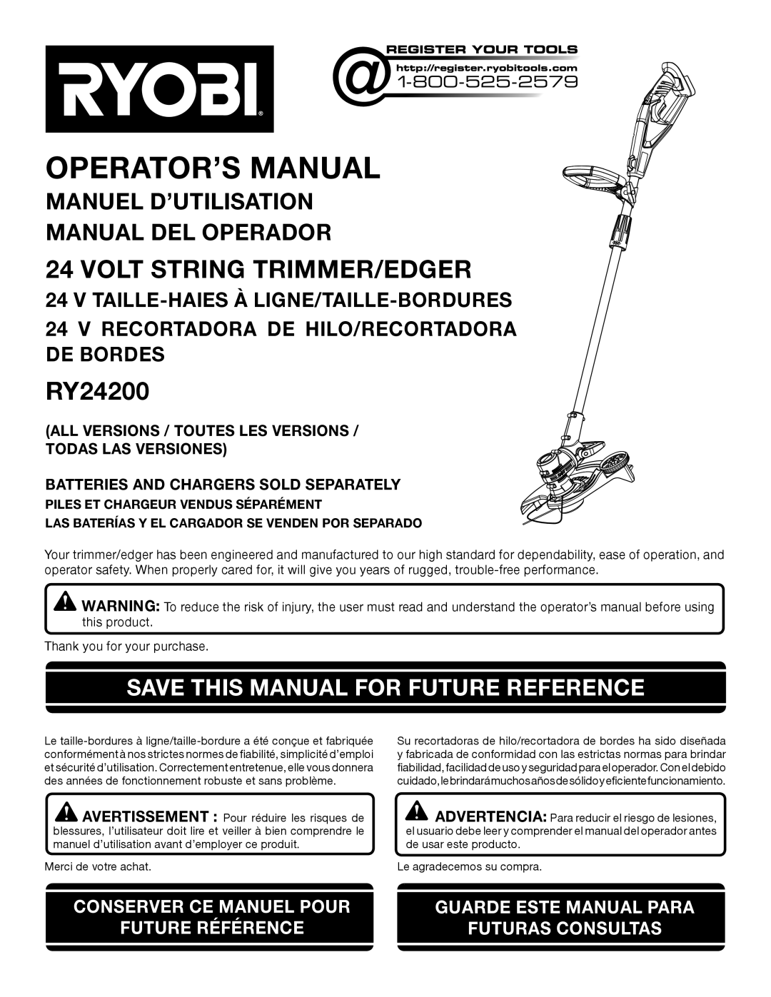 Ryobi RY24200 manuel dutilisation Save this Manual for Future Reference, Batteries and chargers sold Separately 