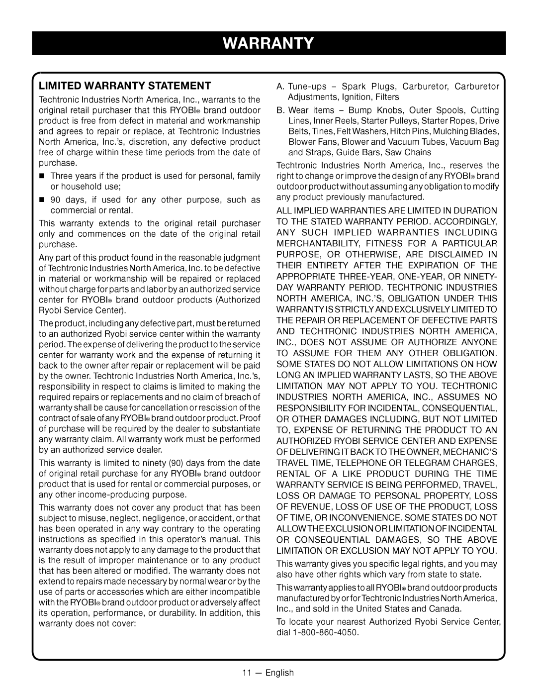 Ryobi RY24200 manuel dutilisation Limited Warranty Statement 