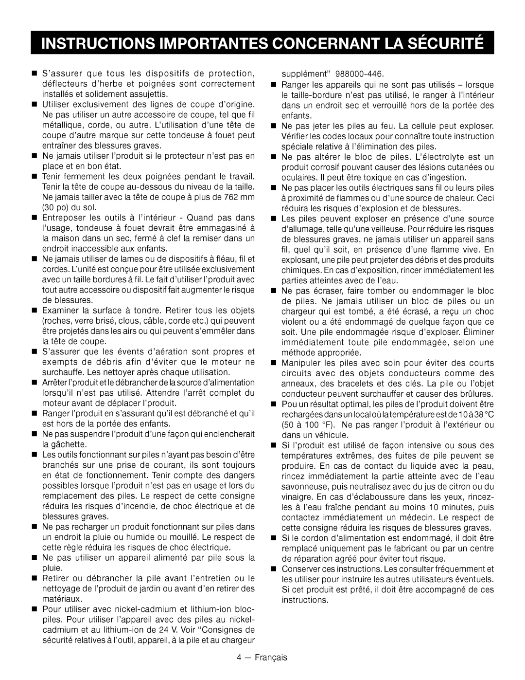 Ryobi RY24200 manuel dutilisation Instructions Importantes Concernant LA Sécurité 