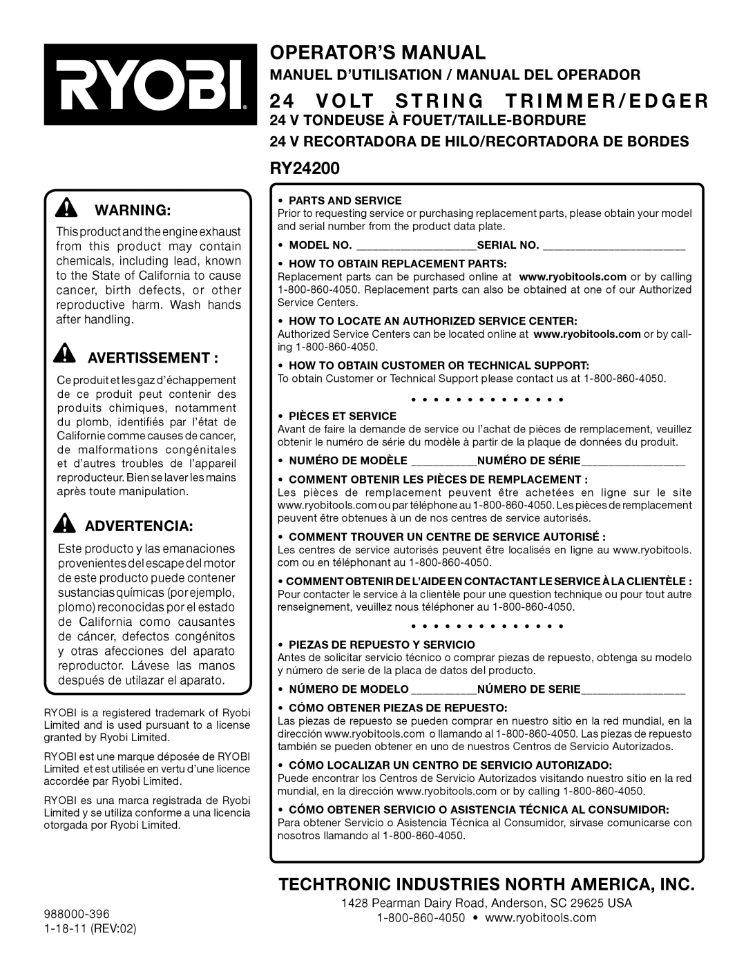 Ryobi RY24200 manuel dutilisation OPERATOR’S Manual, Manuel D’UTILISATION / Manual DEL Operador 