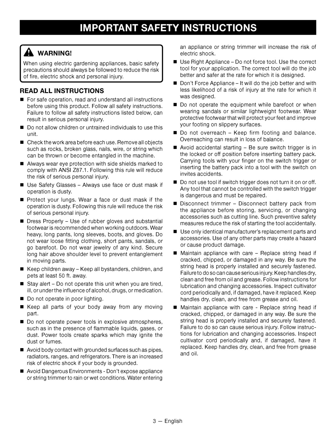 Ryobi RY24200 manuel dutilisation Important Safety Instructions, Read all instructions 