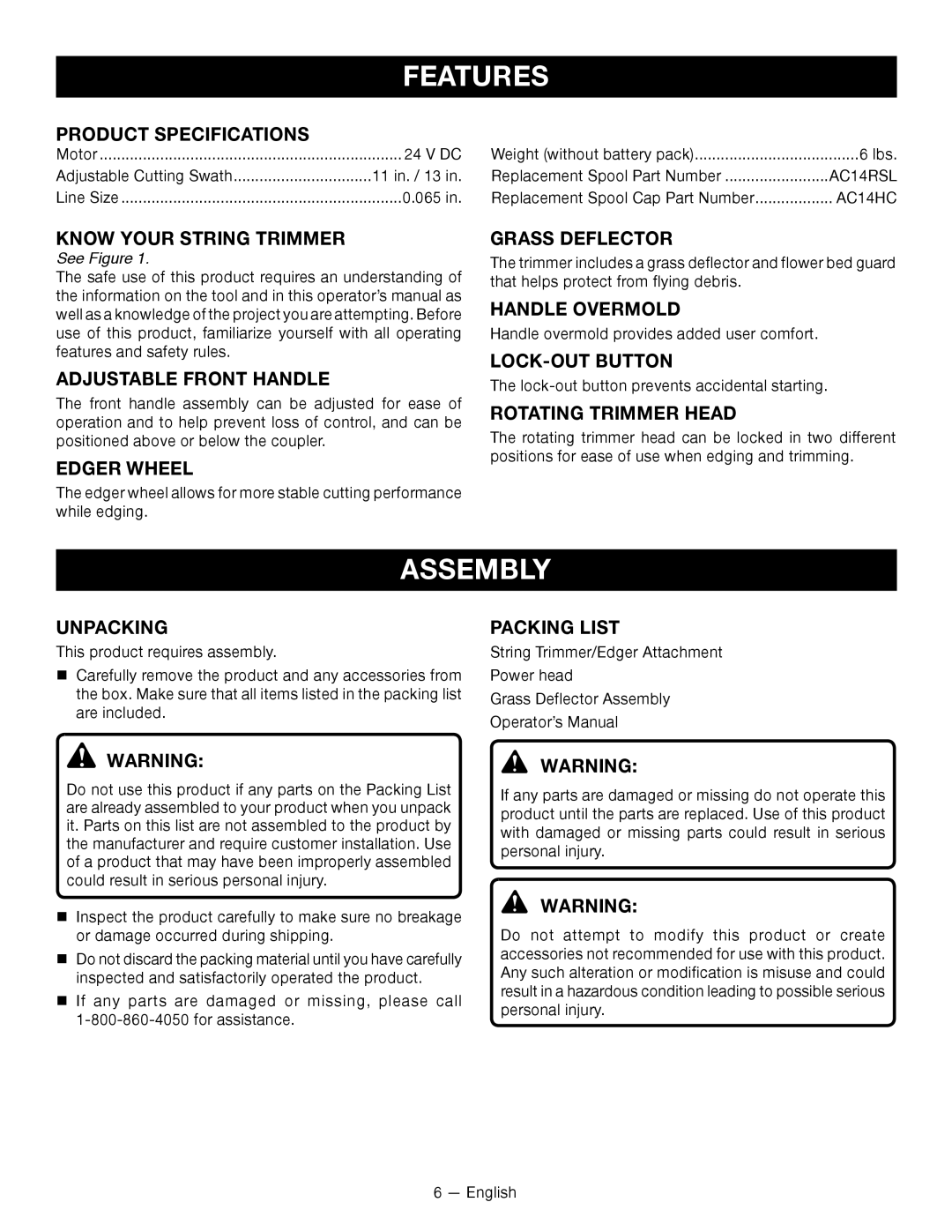 Ryobi RY24200 manuel dutilisation Features, Assembly 