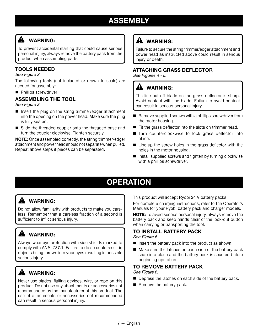 Ryobi RY24200 manuel dutilisation Operation, Tools Needed, Attaching Grass Deflector, To Remove Battery Pack 