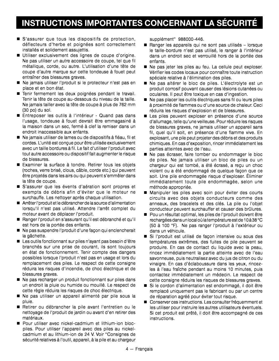 Ryobi RY24200 manuel dutilisation Instructions Importantes Concernant La Sécurité 