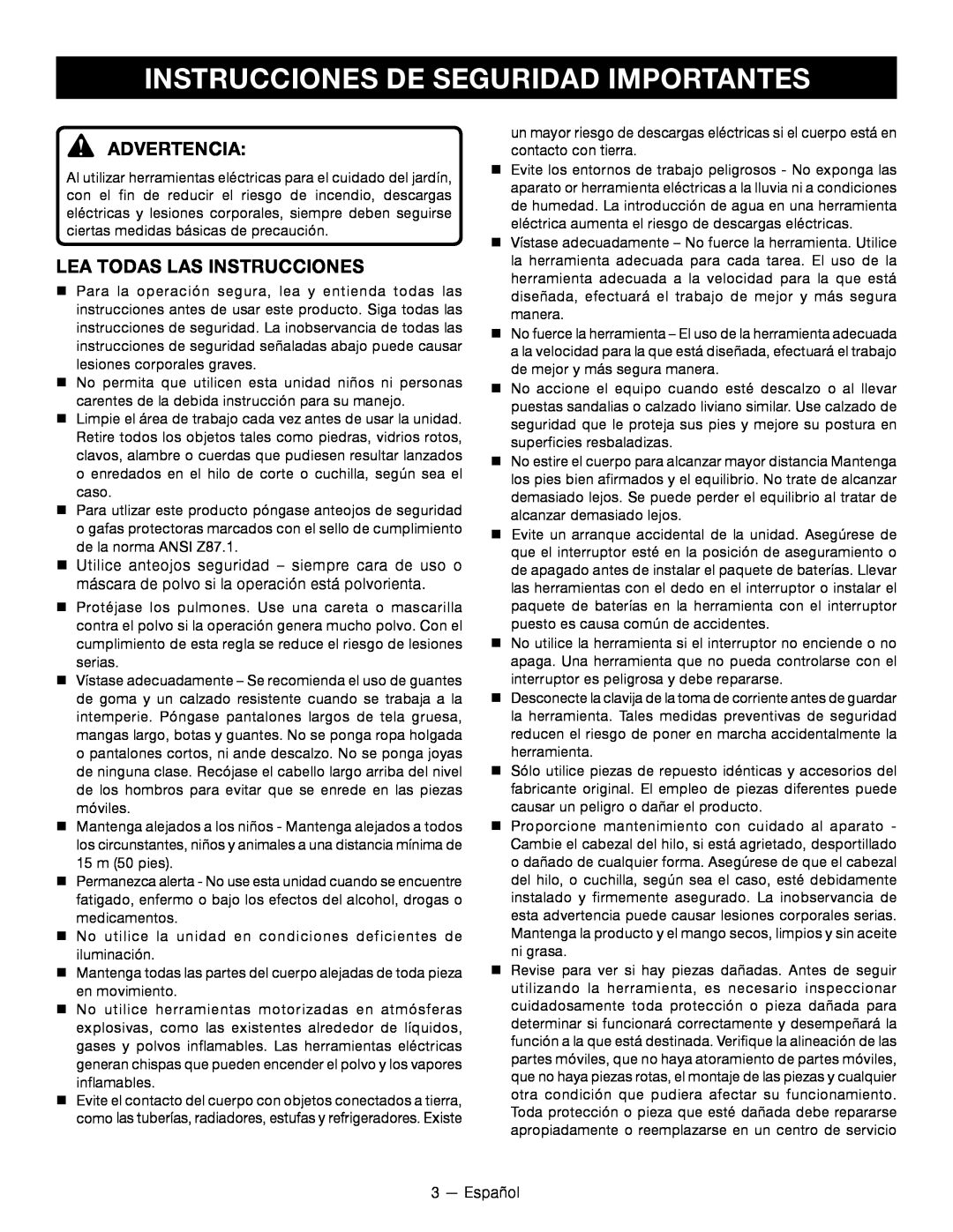Ryobi RY24200 manuel dutilisation Instrucciones De Seguridad Importantes, Advertencia, Lea todas las instrucciones 