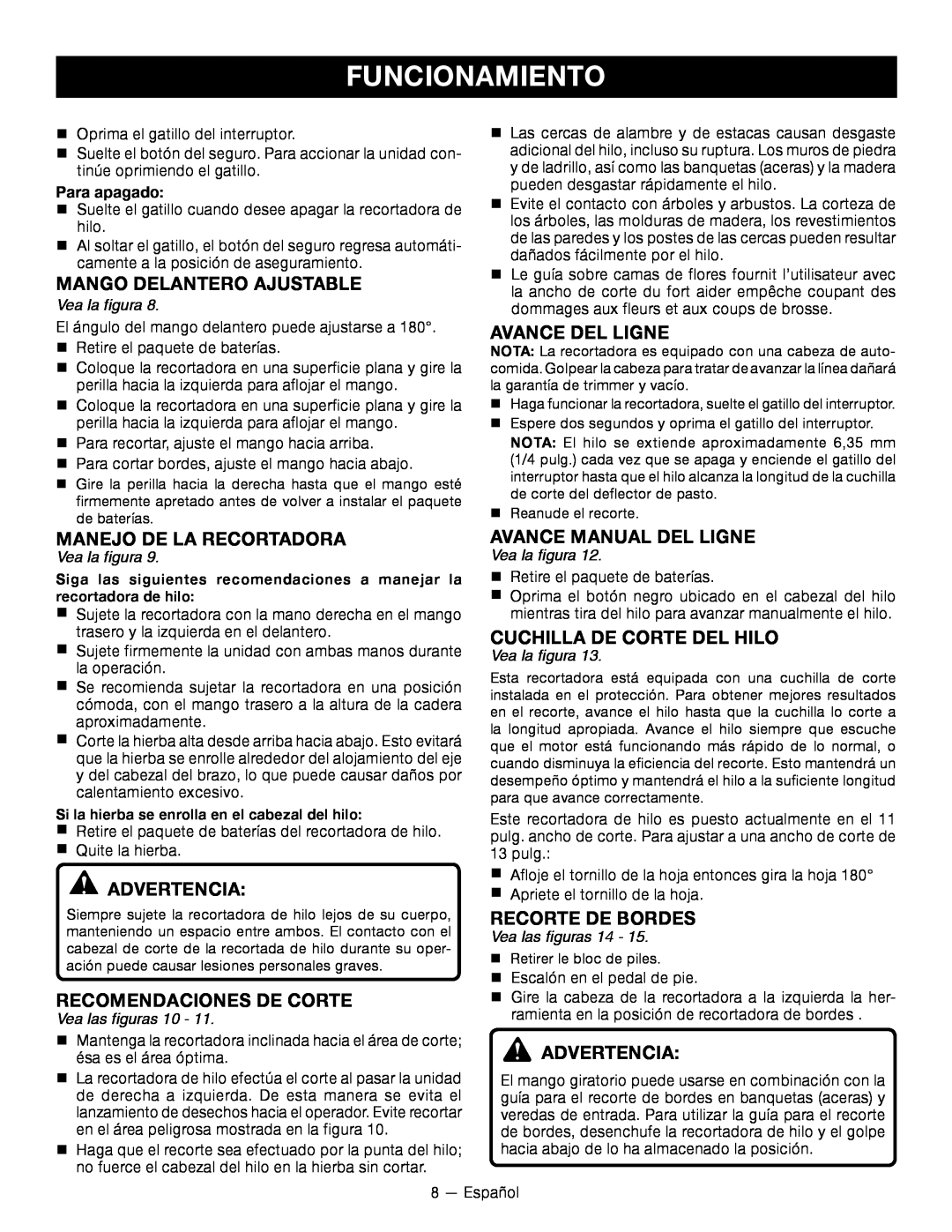 Ryobi RY24200 Manejo De La Recortadora, Recomendaciones De Corte, AVANCE DEL ligne, AVANCE MANUAL DEL ligne, Para apagado 